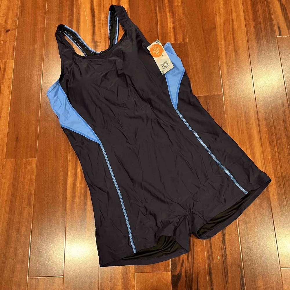 New NWT Charmo Navy Blue Swimsuit UPF50+ Built-In Bra Racerback One Piece‎ Sz XL